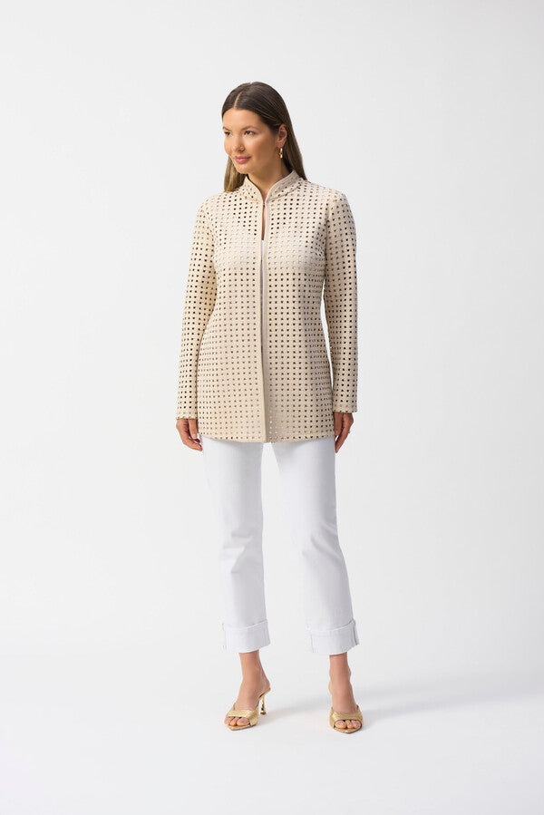 Joseph Ribkoff beige laser-cut suede jacket