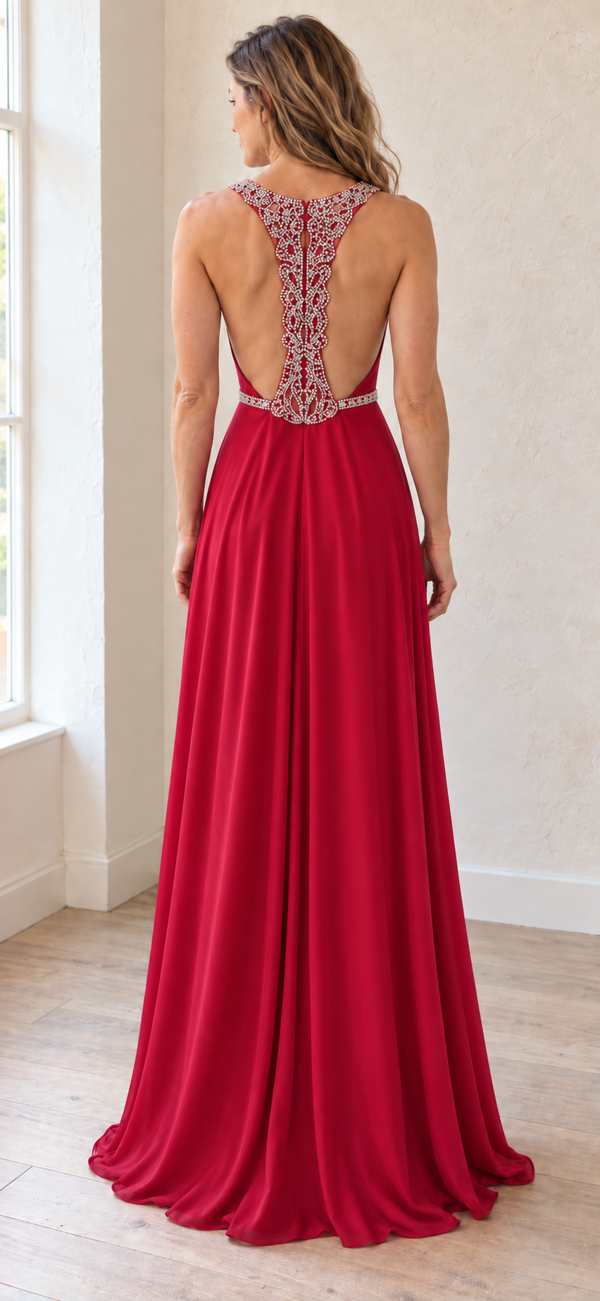 Dynasty Raspberry Embellished Back Evening Dress