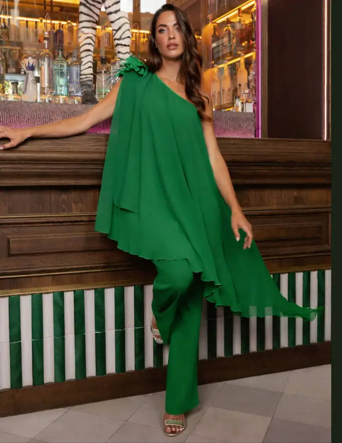 Moncho Heredia green one shoulder jumpsuit
