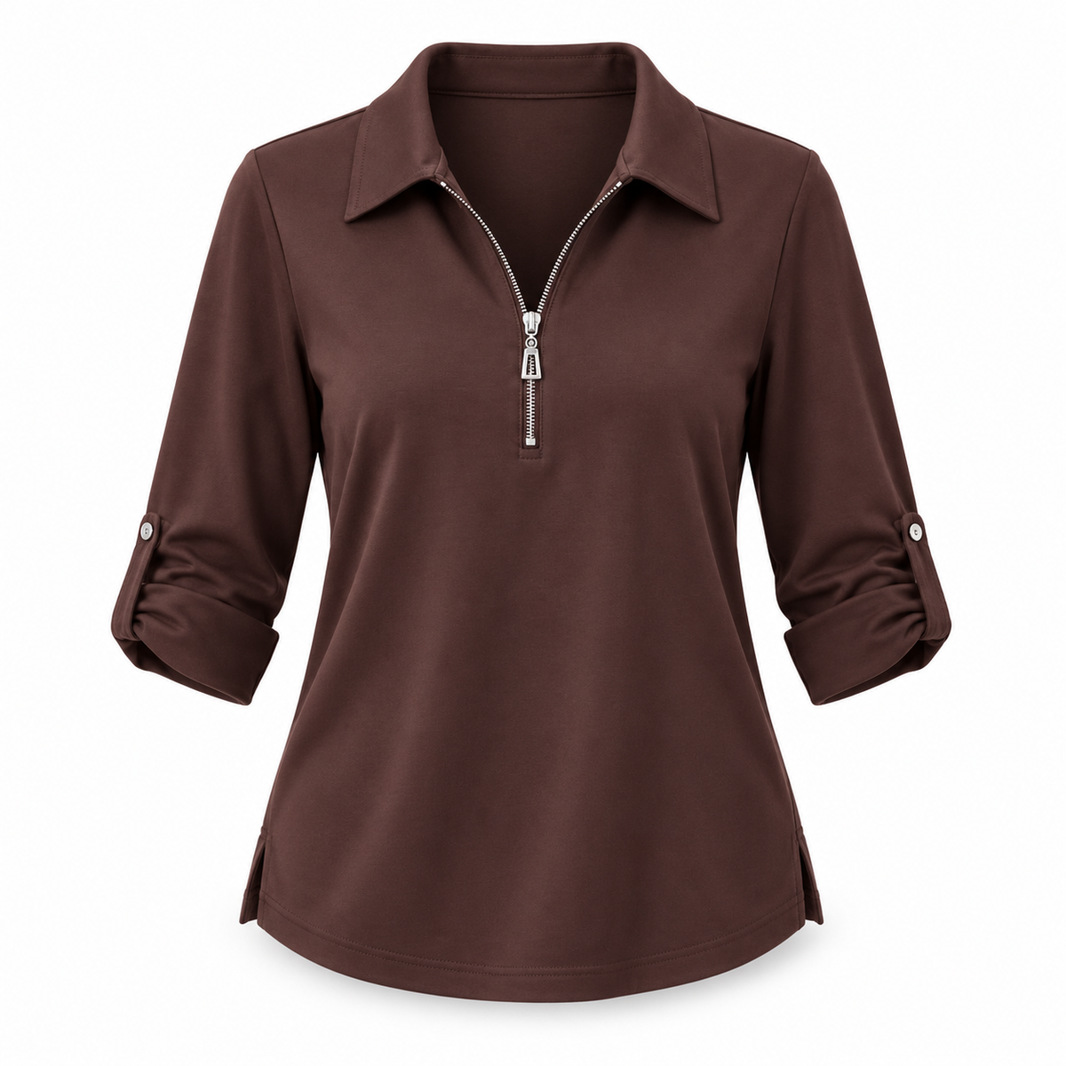Yew Zip-Neck Stretch Top – Chocolate