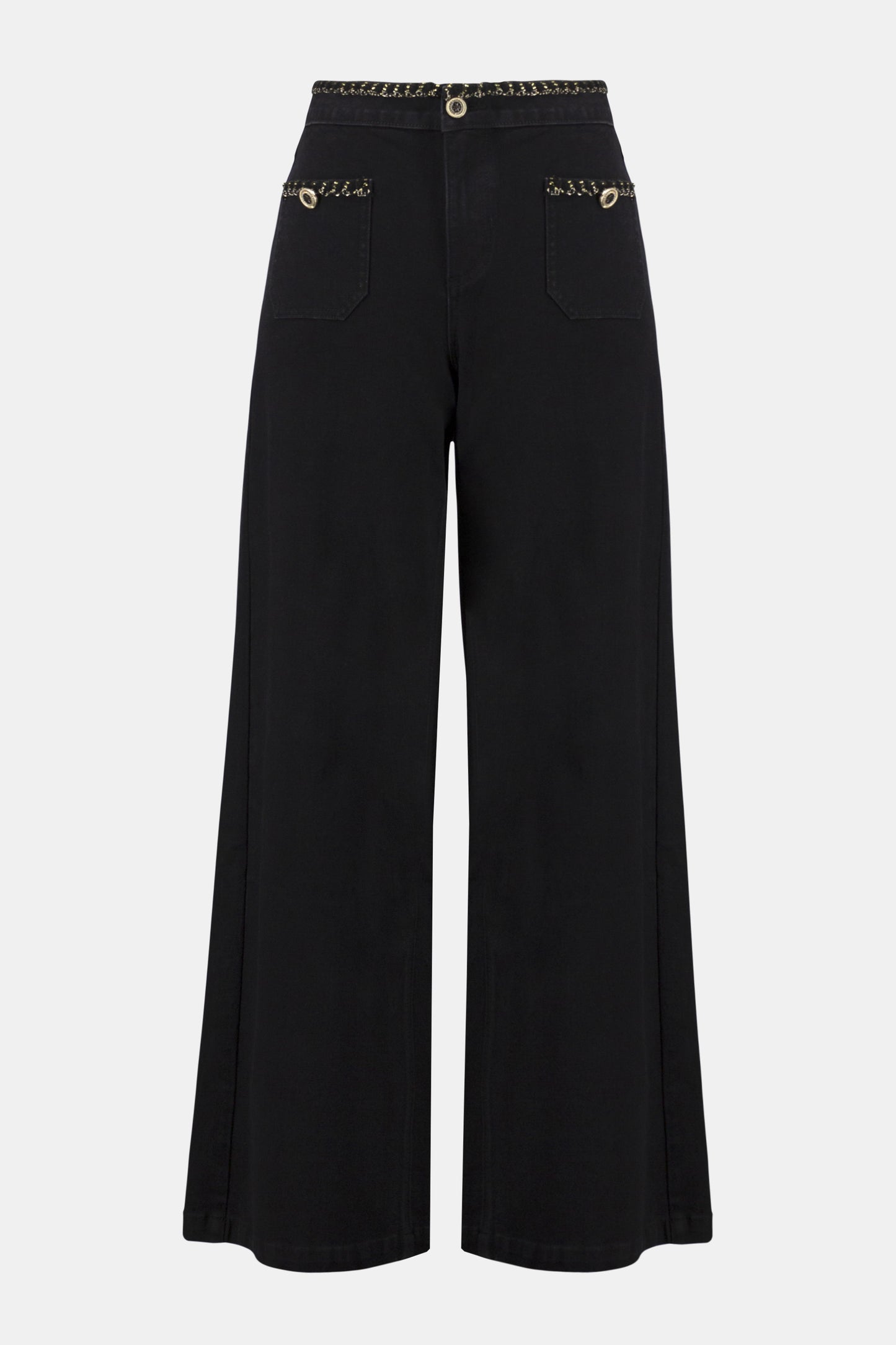 Classic Wide Leg Stretch Jeans with Braided Trim
254915