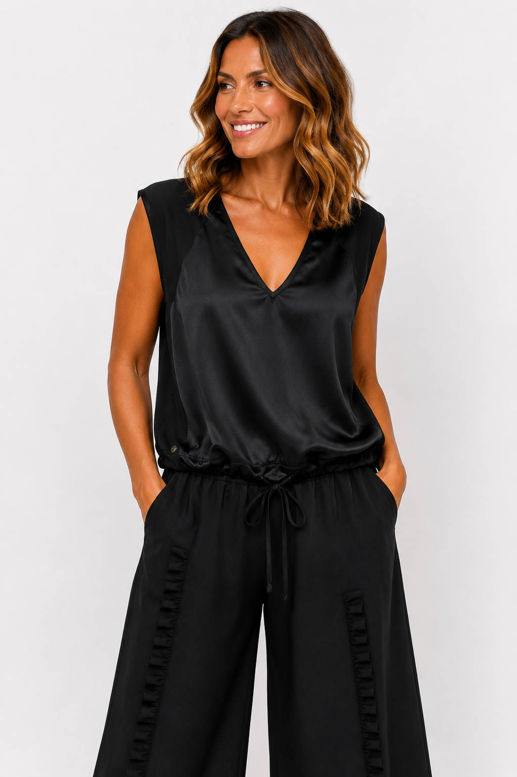 Black Satin-Front Drawstring Top – Free Size