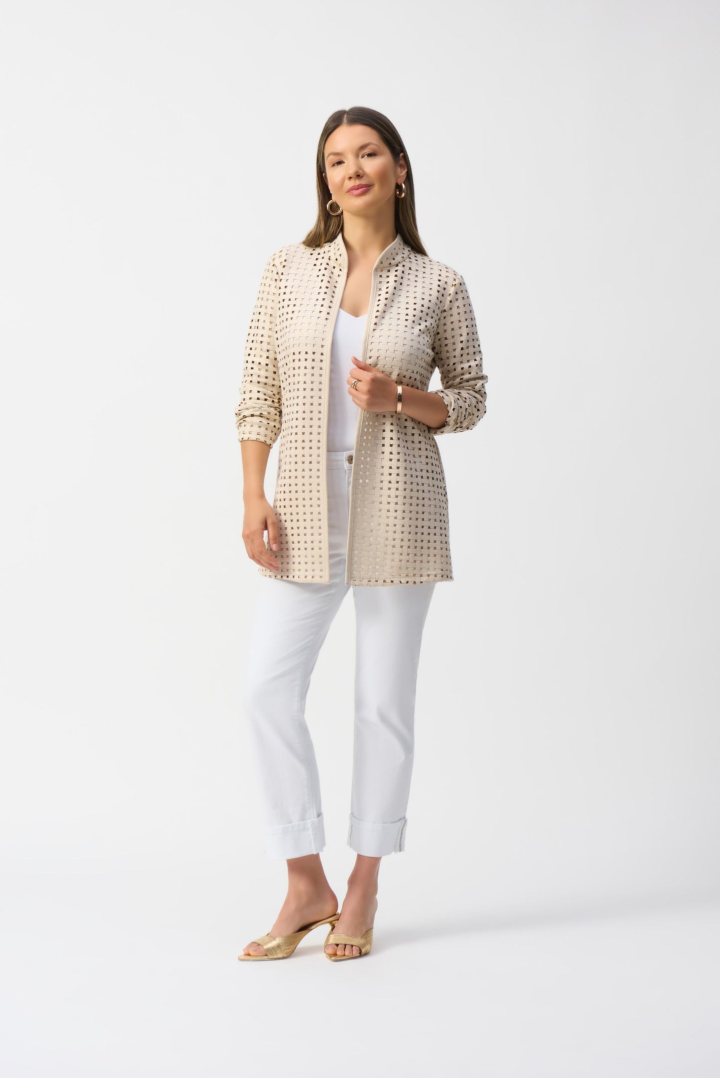 Joseph Ribkoff beige laser-cut suede jacket