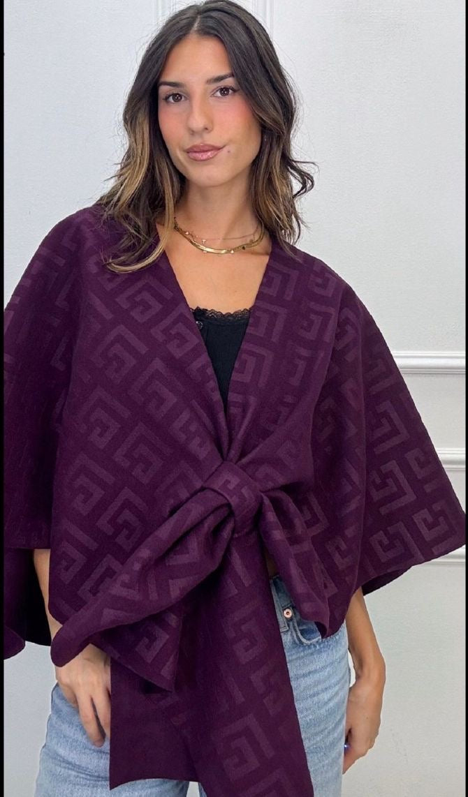 Purple Jacquard Tie-Front Cape Wrap