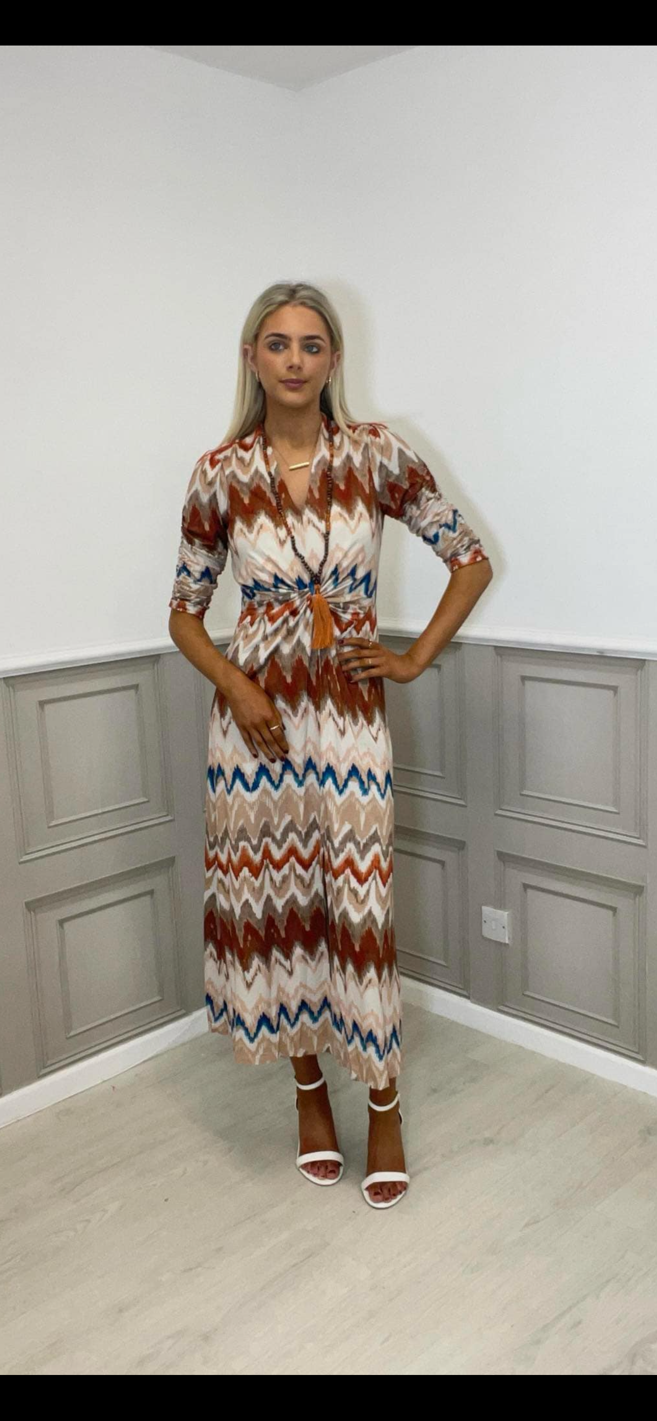 K-Design patterned maxi dress with necklace.