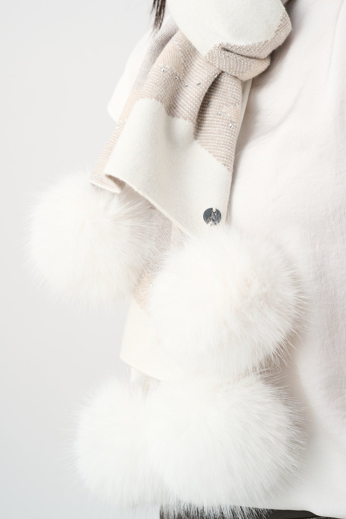JOSEPH RIBKOFF Striped Scarf With Fur Pom-poms Style 263981