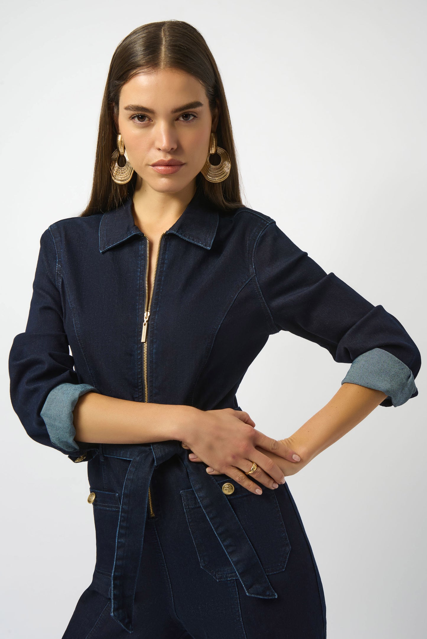 Stretch Denim Zip Front Wide-Leg Jumpsuit
253948