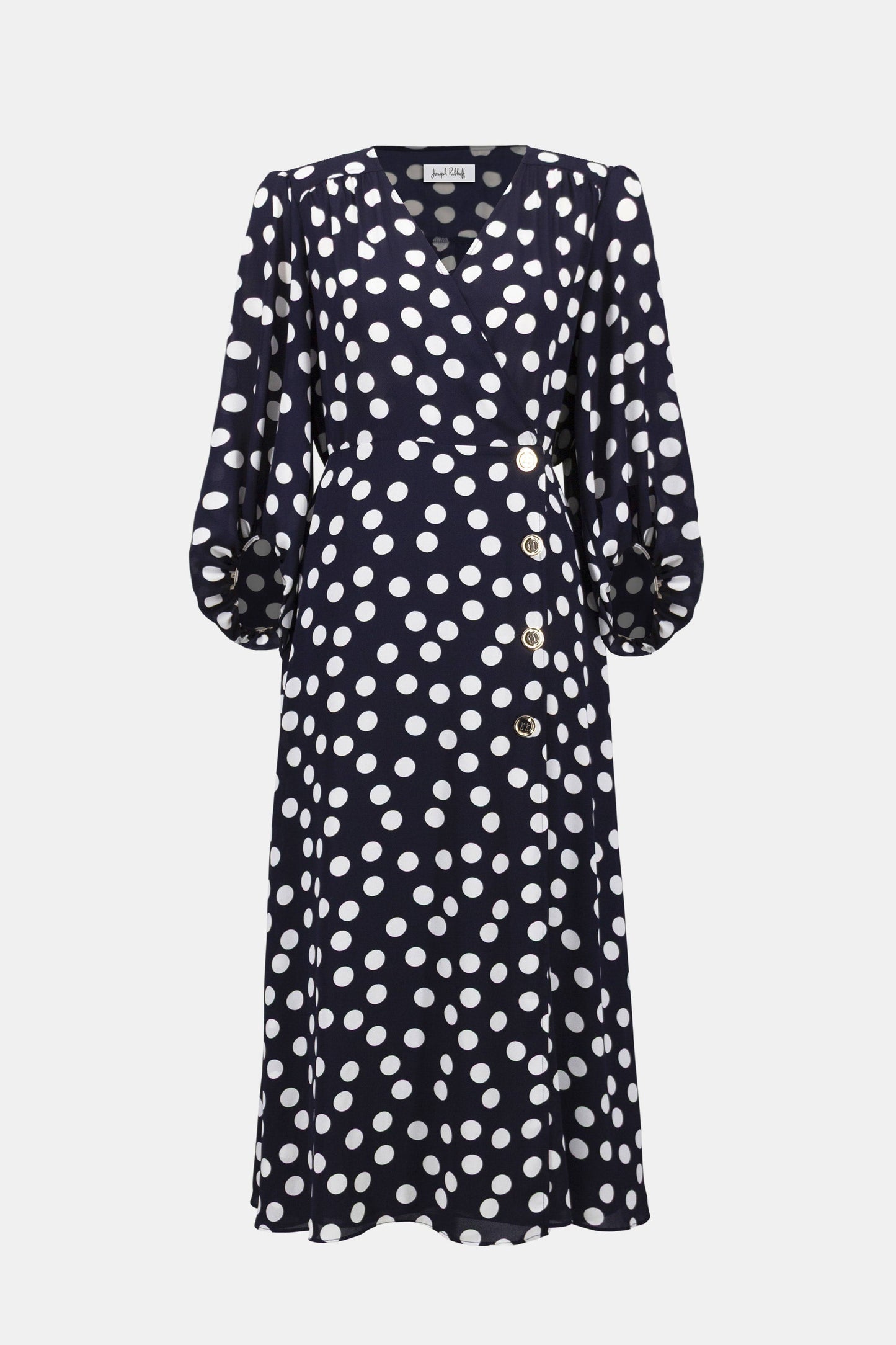 JOSEPH RIBKOFF 261901 Georgette Dot Print Wrap Dress With Puff Sleeves