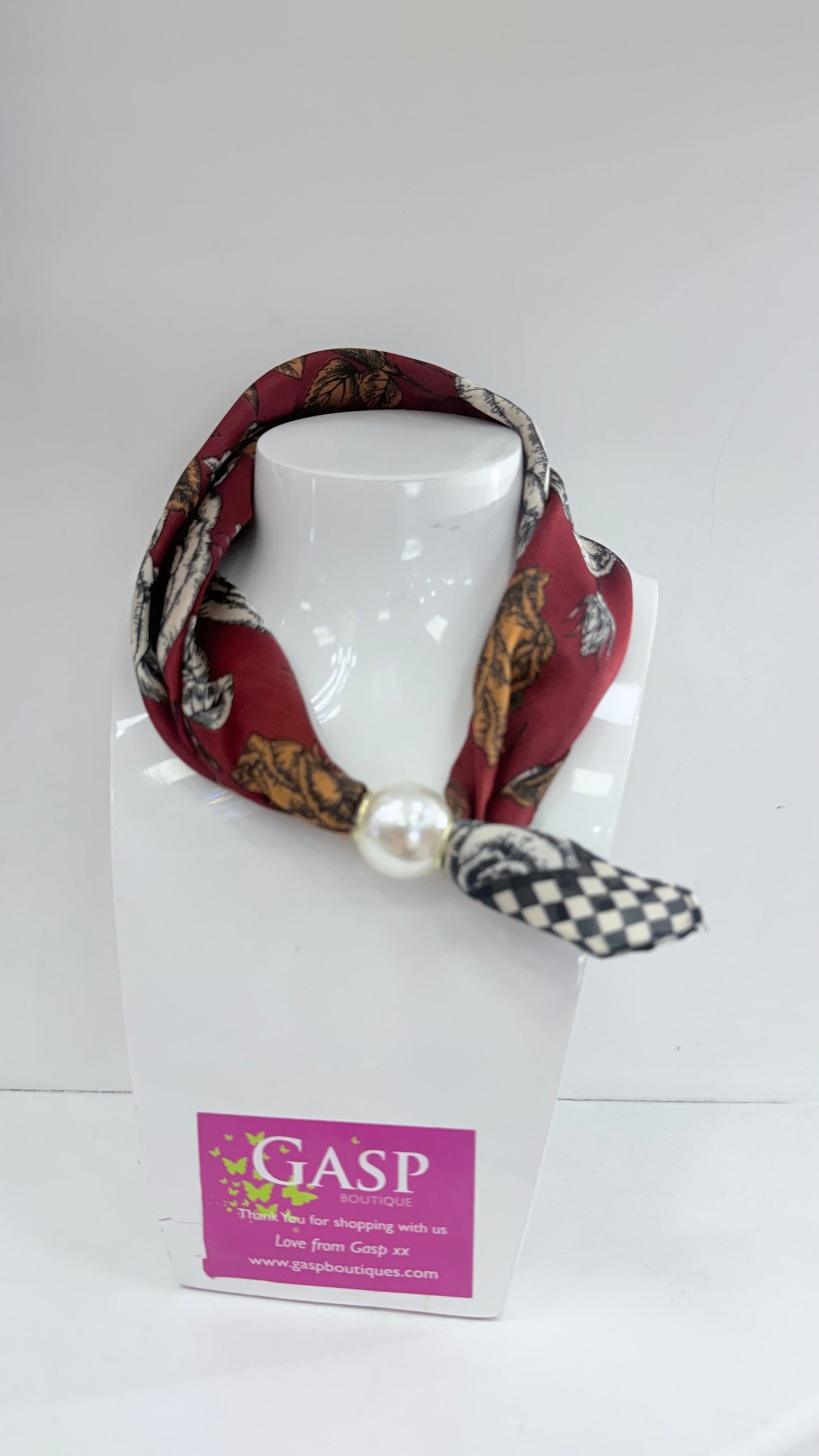 Burgundy Leaf Print Magnetic Scarf Necklace