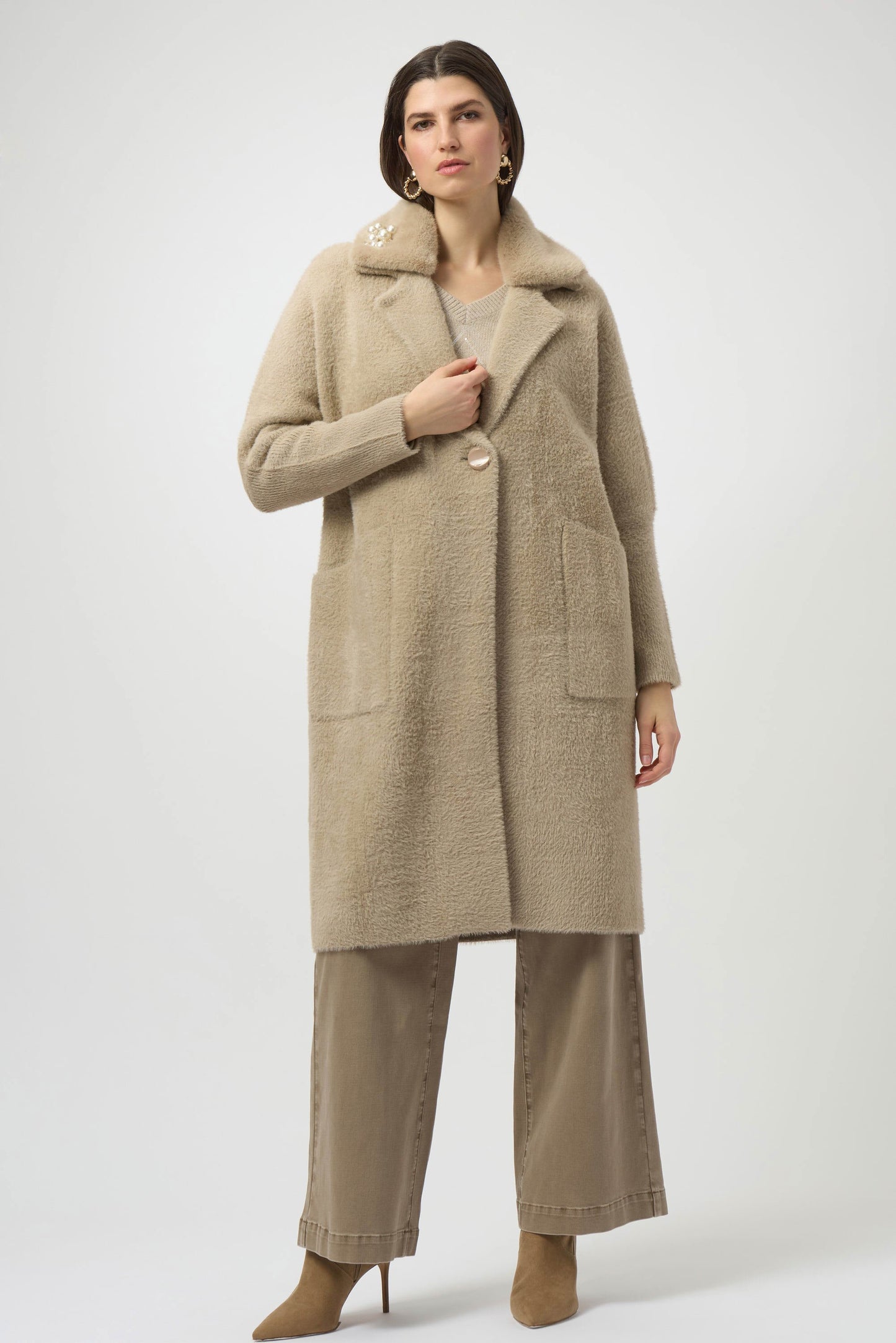 JOESPH RIBKOFF Feather Yarn and Faux Fur Sweater Coat