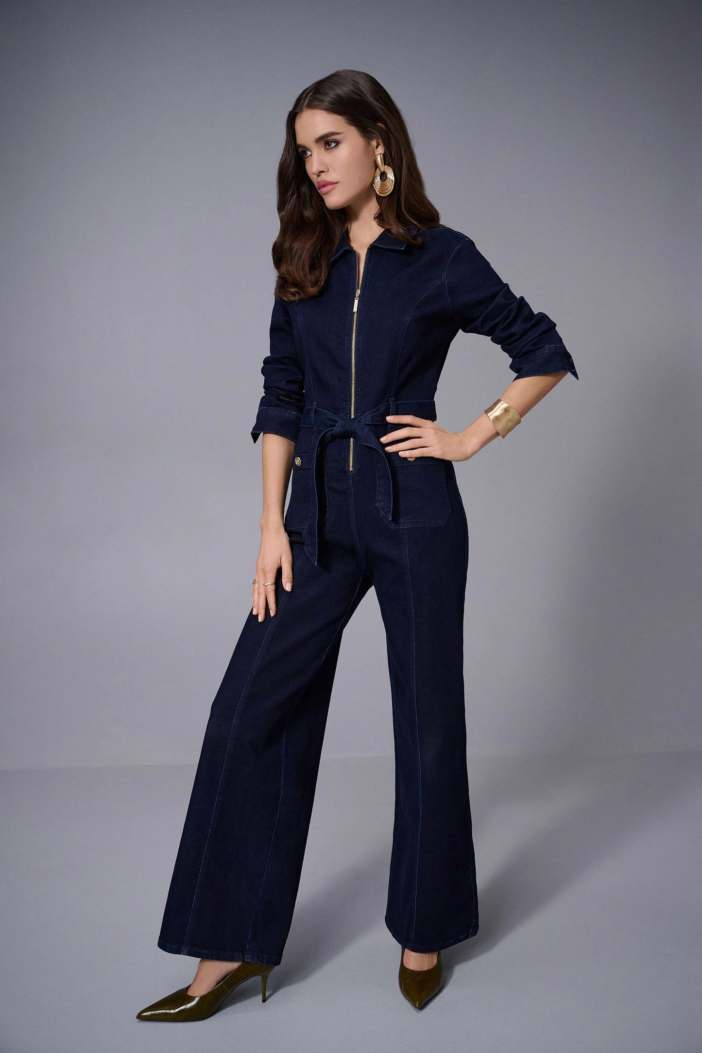 Stretch Denim Zip Front Wide-Leg Jumpsuit
253948