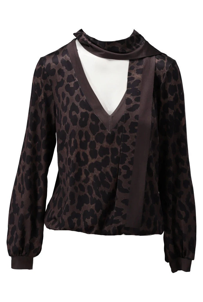 K design v neck top with scarf and leopard print