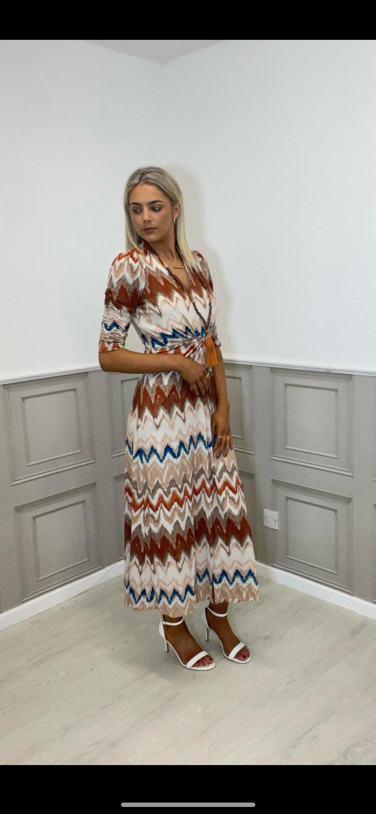 K-Design patterned maxi dress with necklace.