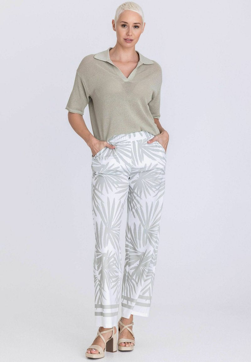 Tuzzi Palm Print Wide Leg Trousers in sage green