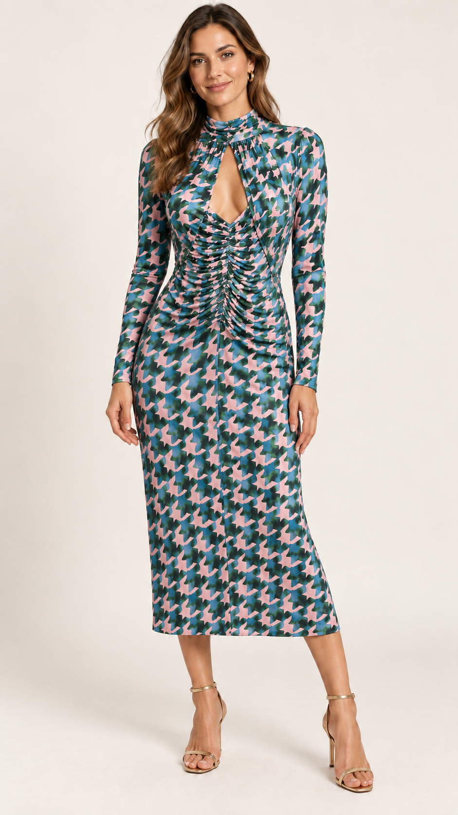 Pink & Teal Print Ruched Midi Dress Argiddo