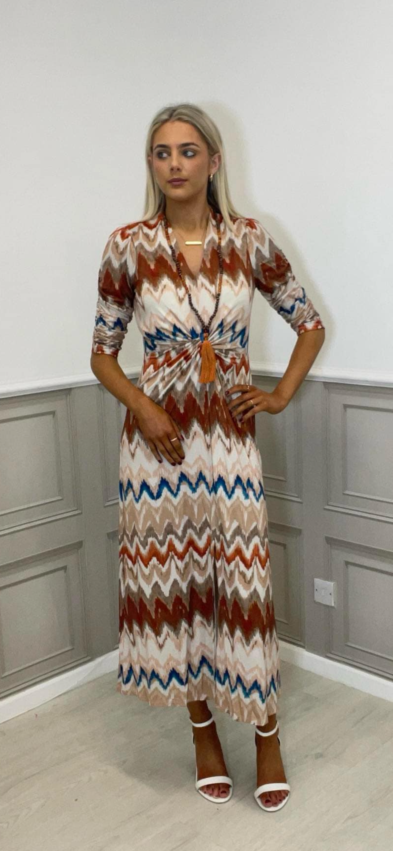 K-Design patterned maxi dress with necklace.