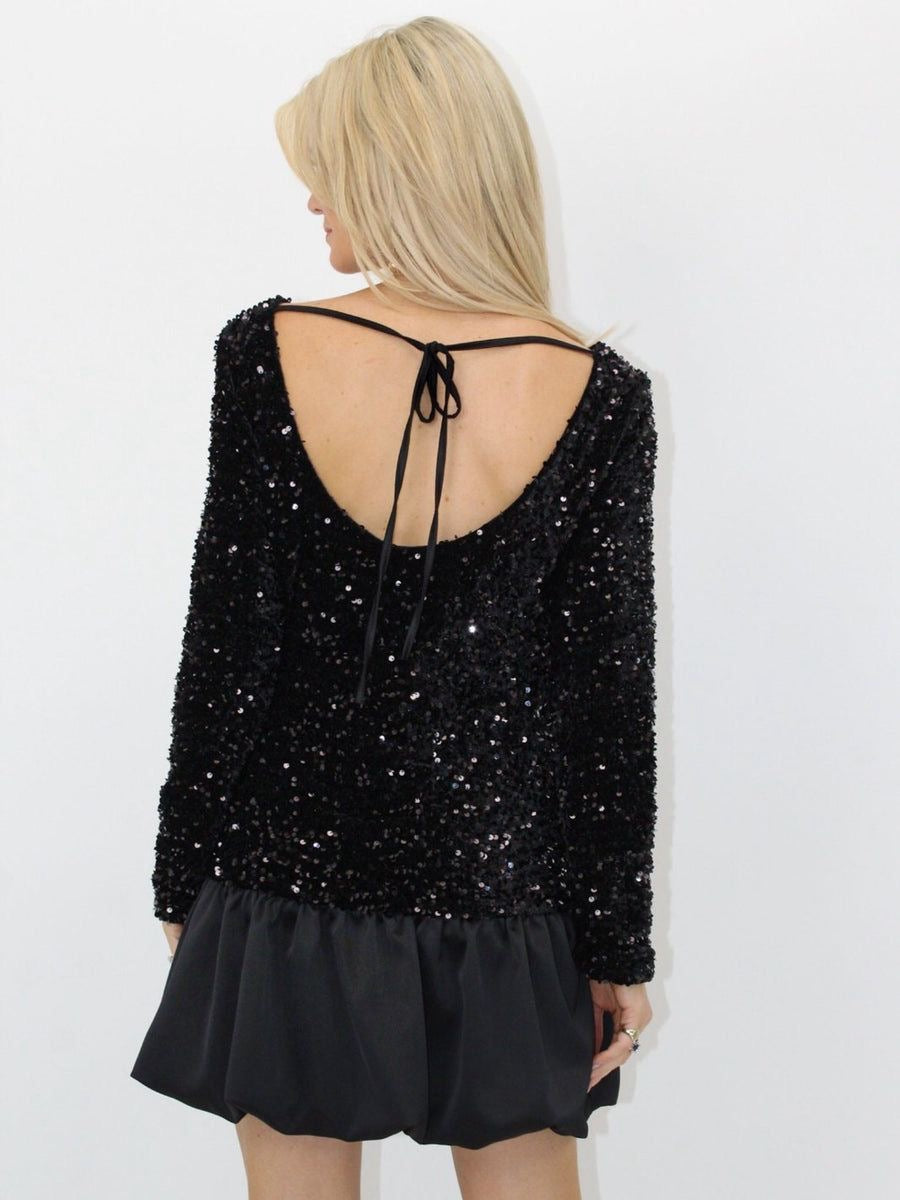 KATE & PIPPA IVANA PUFFBALL MINI DRESS IN BLACK SPARKLE