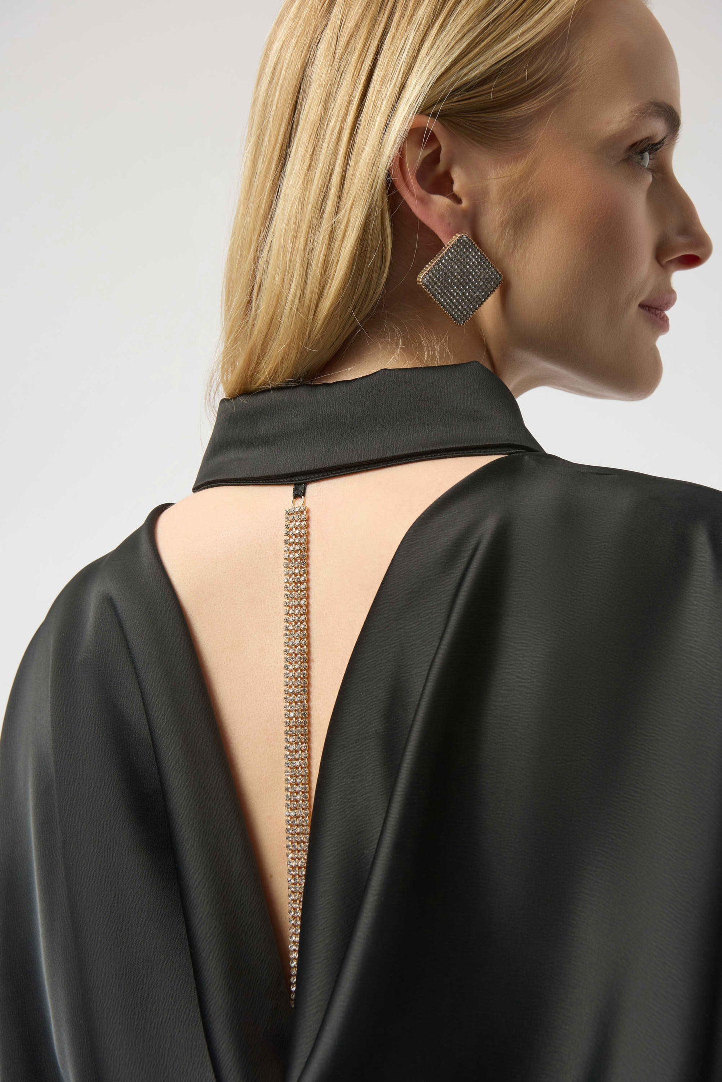 Satin Blouse with Back Cowl Neck and Rhinestone Detail
254967