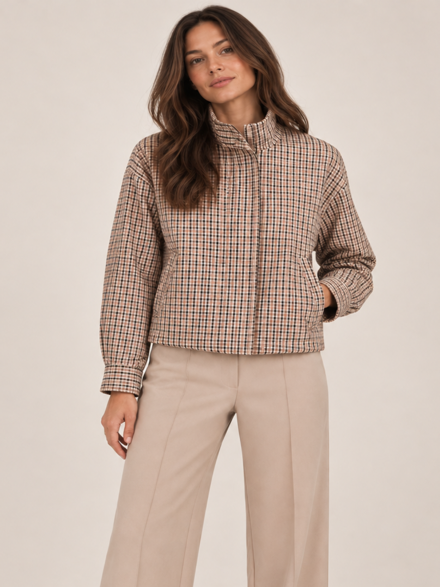 LIL JEN FUNNEL NECK COTSWOLDS JACKET IN BEIGE CHECK