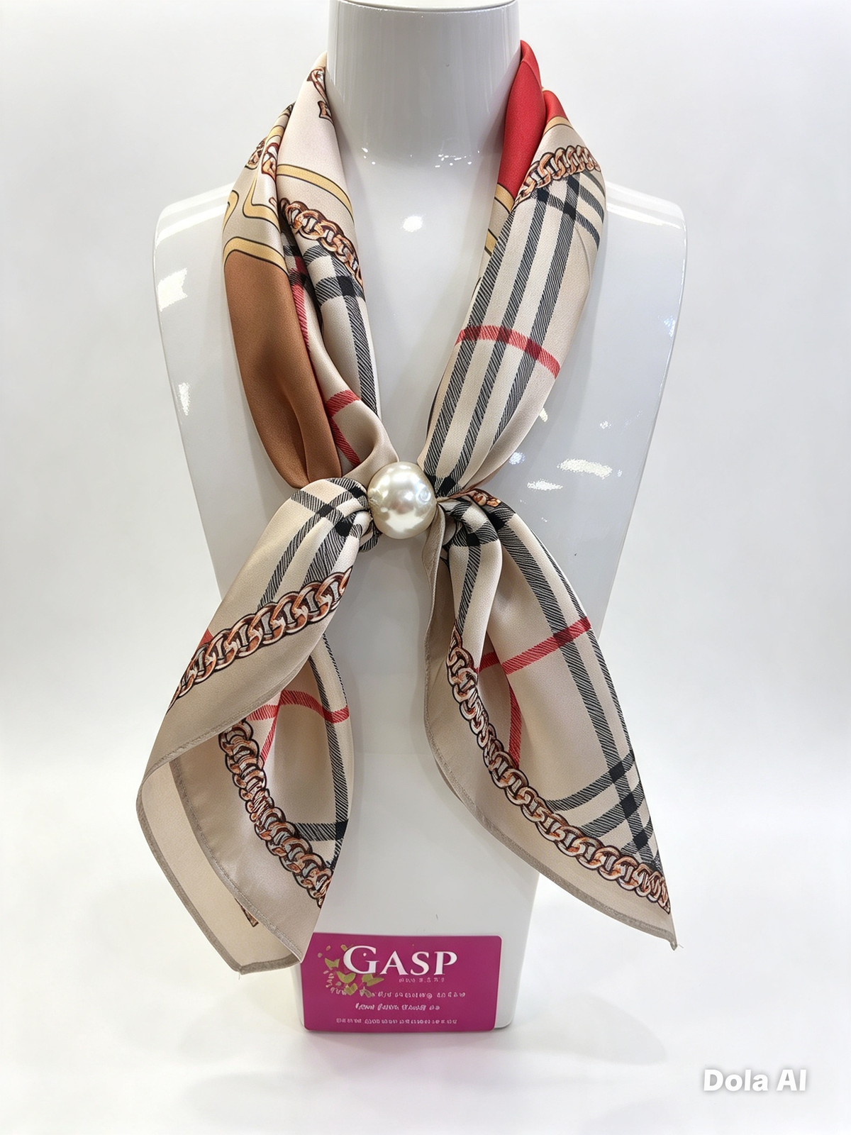 Leona Beige Tartan‑Chain Mix Print Scarf