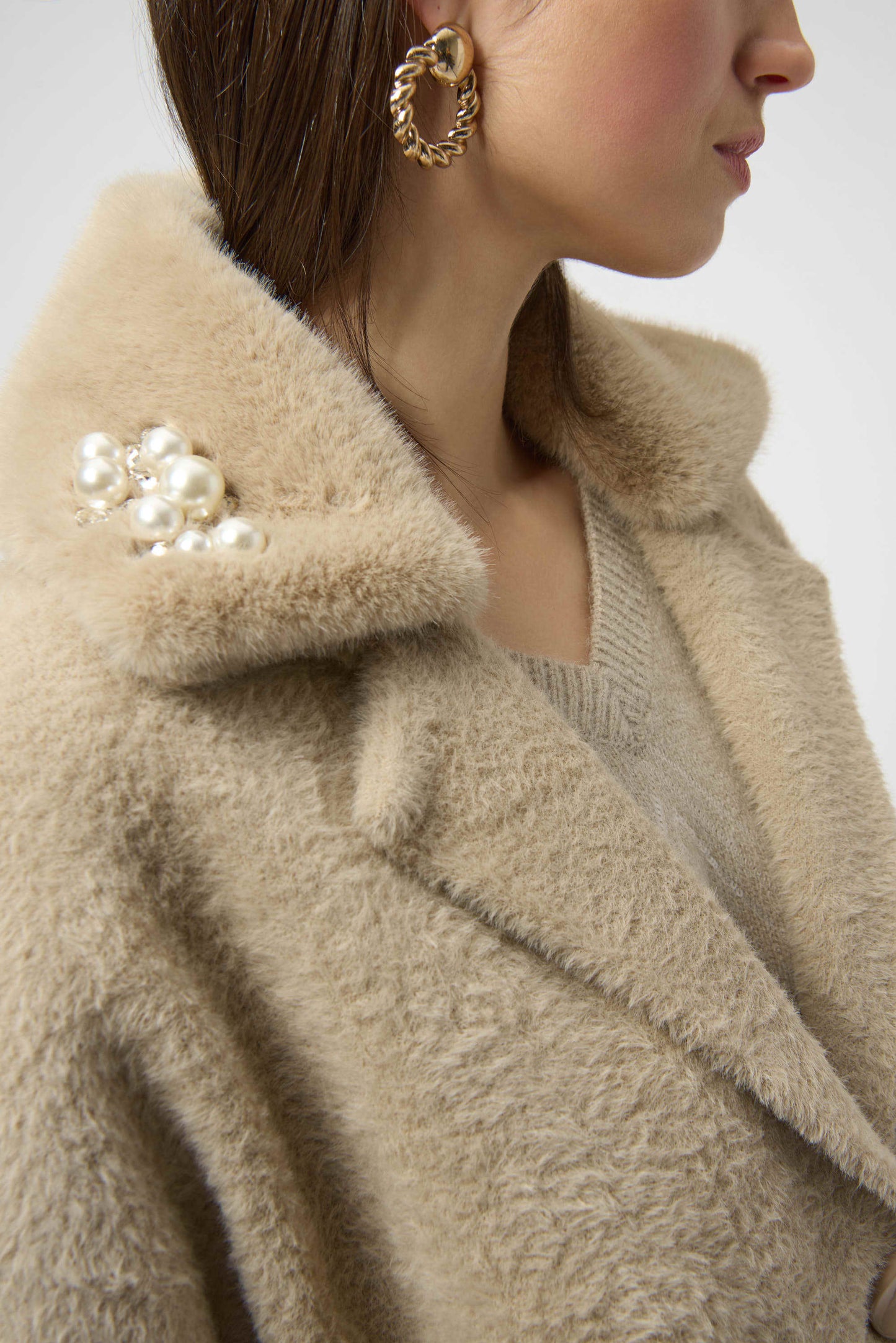 JOESPH RIBKOFF Feather Yarn and Faux Fur Sweater Coat