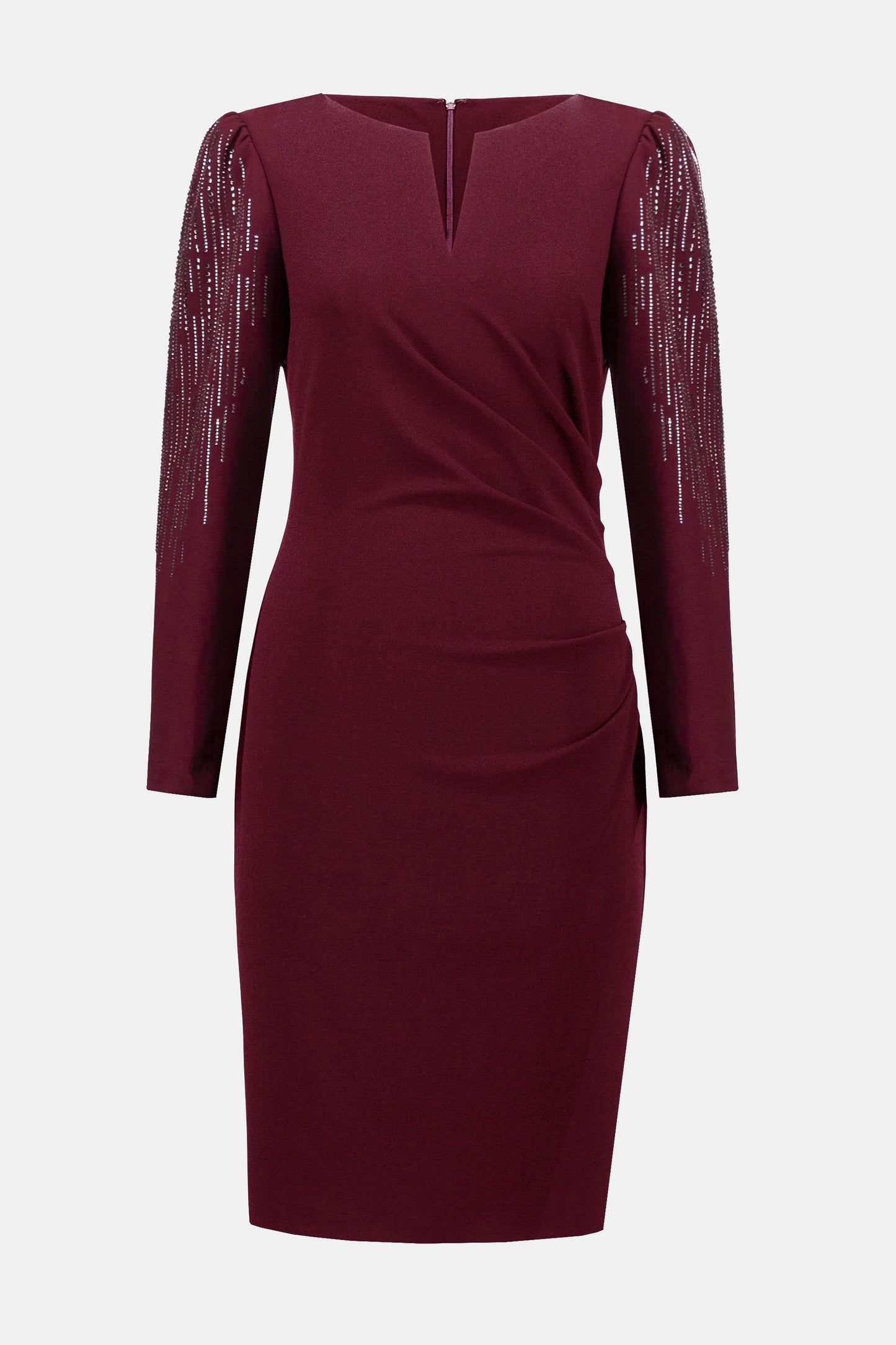 JOSEPH RIBKOFF 253752 Signature | Scuba Crepe Sheath Dress With Embellished Sleeves in Merlot