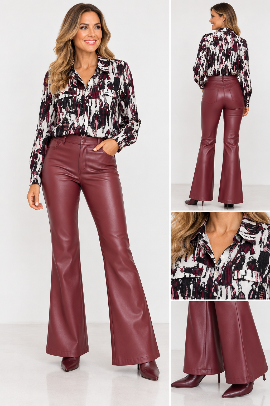 Robell EFI Faux Leather Flared Trousers – Wine
