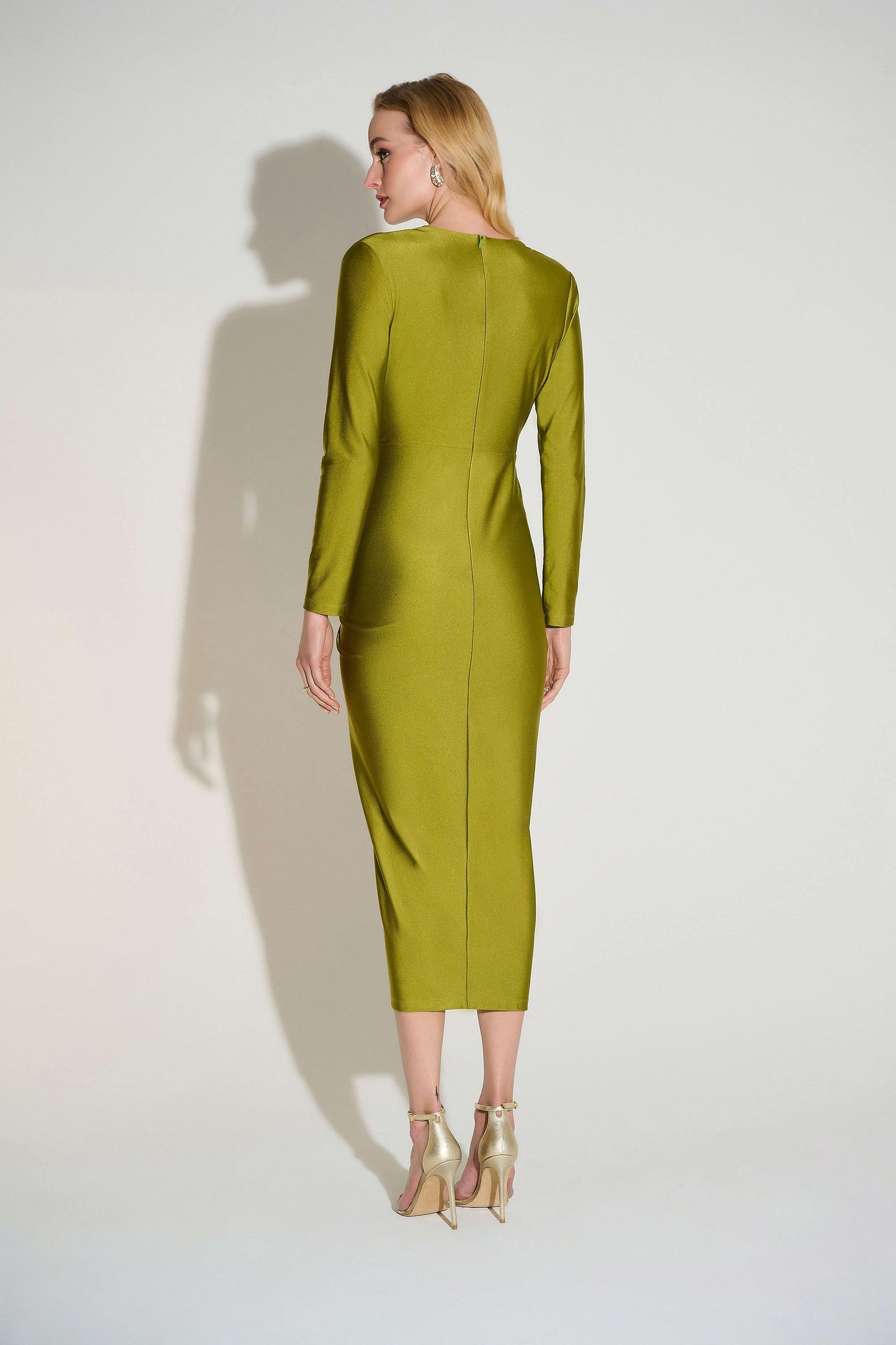 253714 satin effect silky knit draped v neck sheath dress