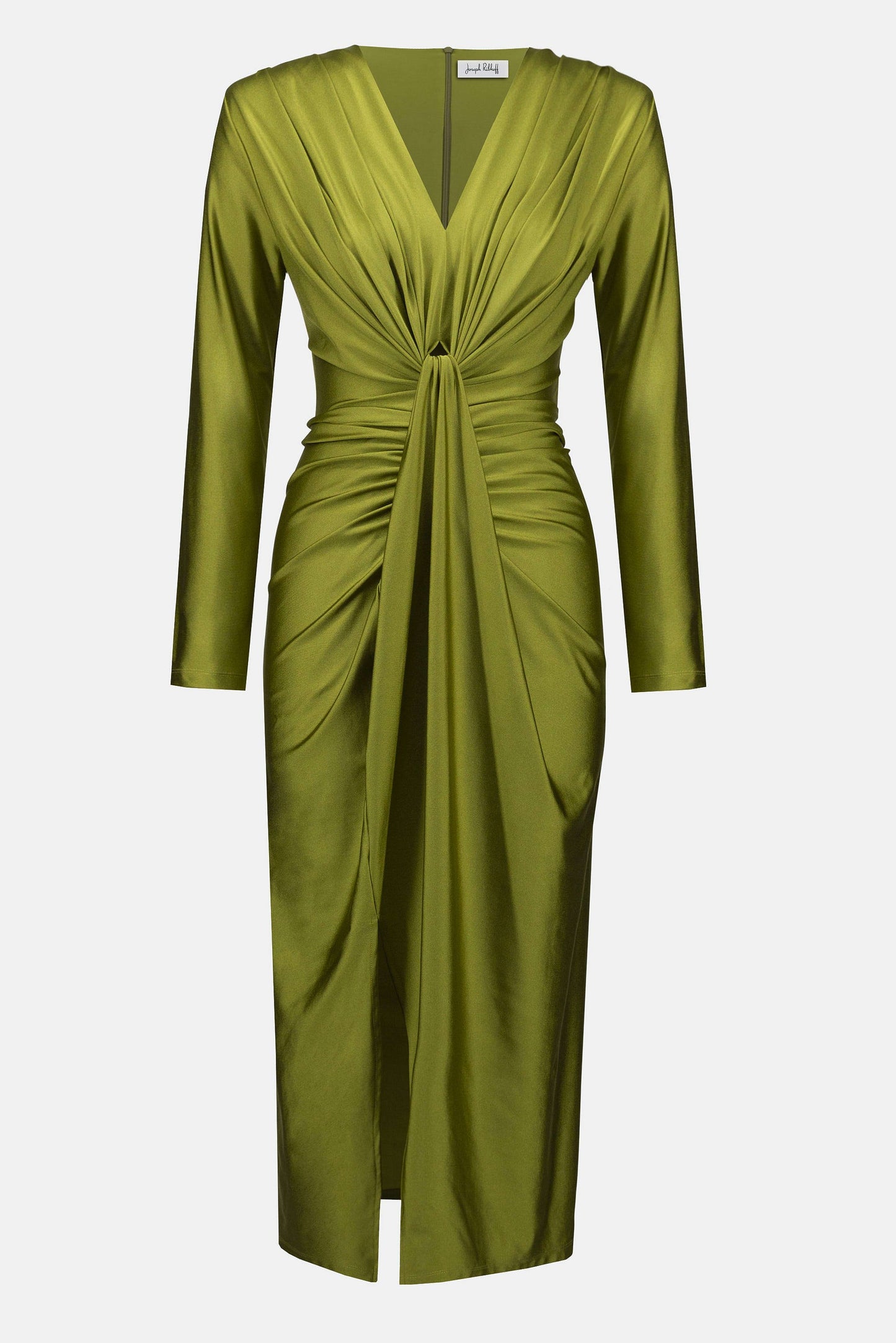 253714 satin effect silky knit draped v neck sheath dress