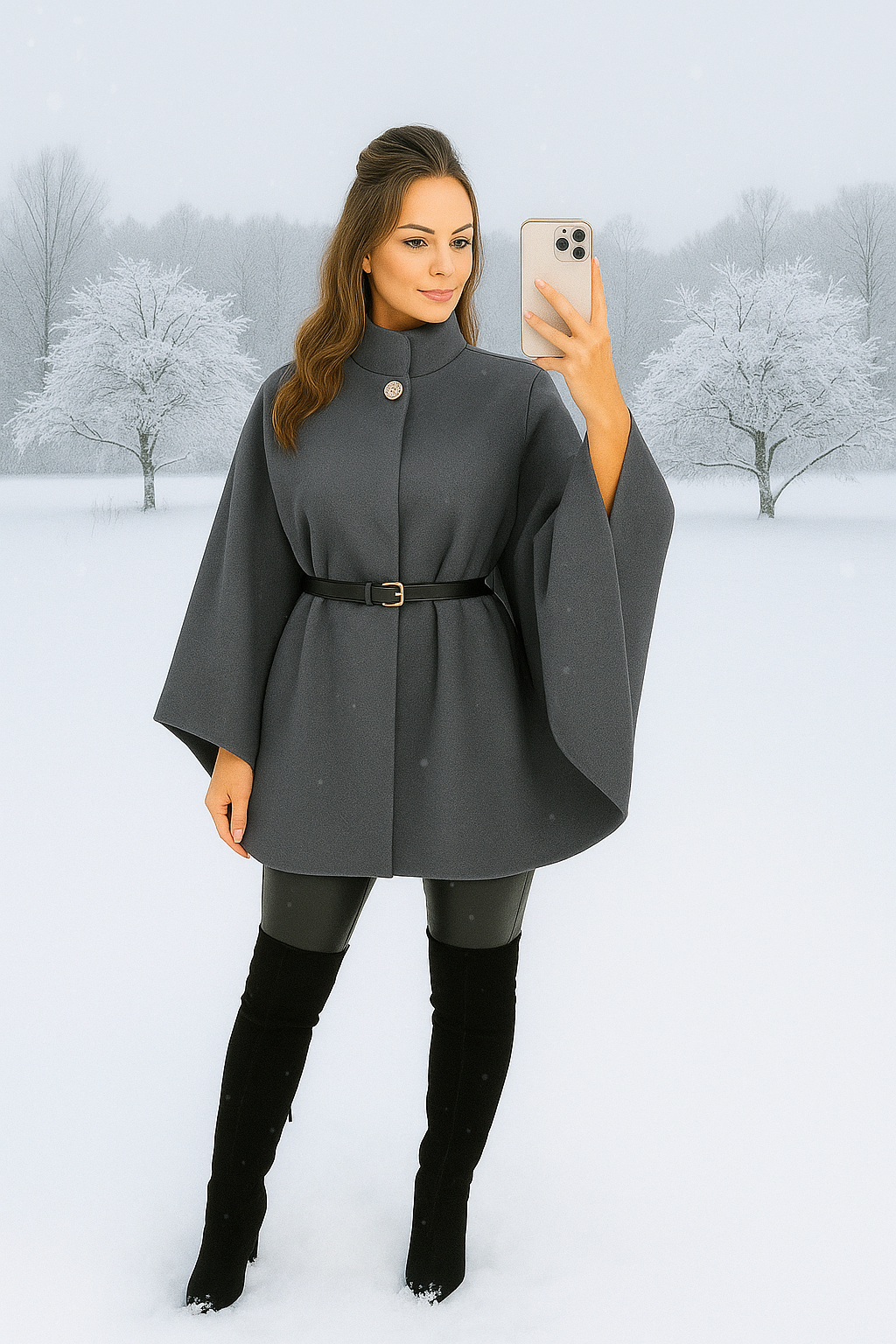 Grey elegant wool cape with belt
