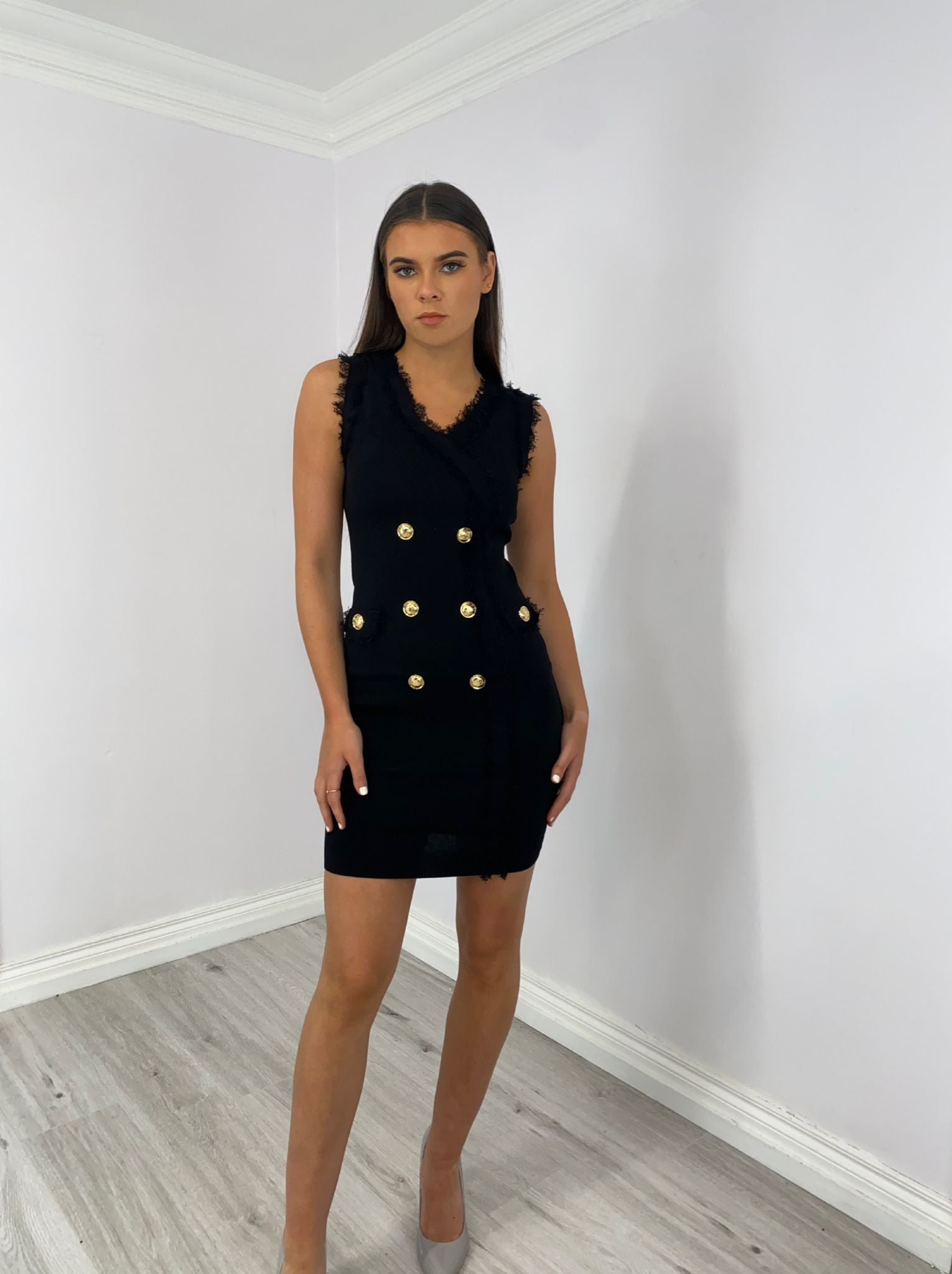 Black dress with gold buttons hotsell