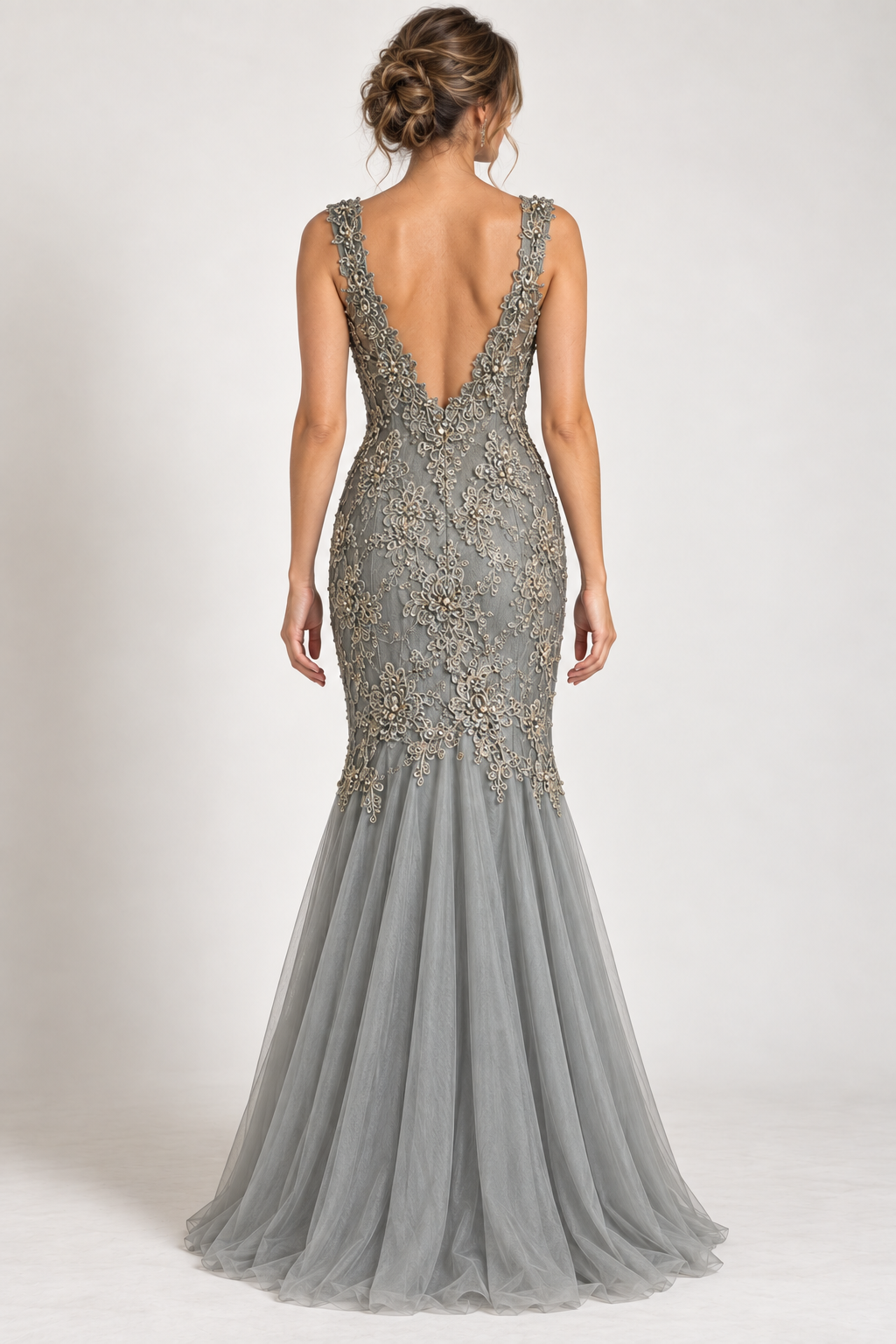 Silver Grey Embellished Lace Fishtail Gown