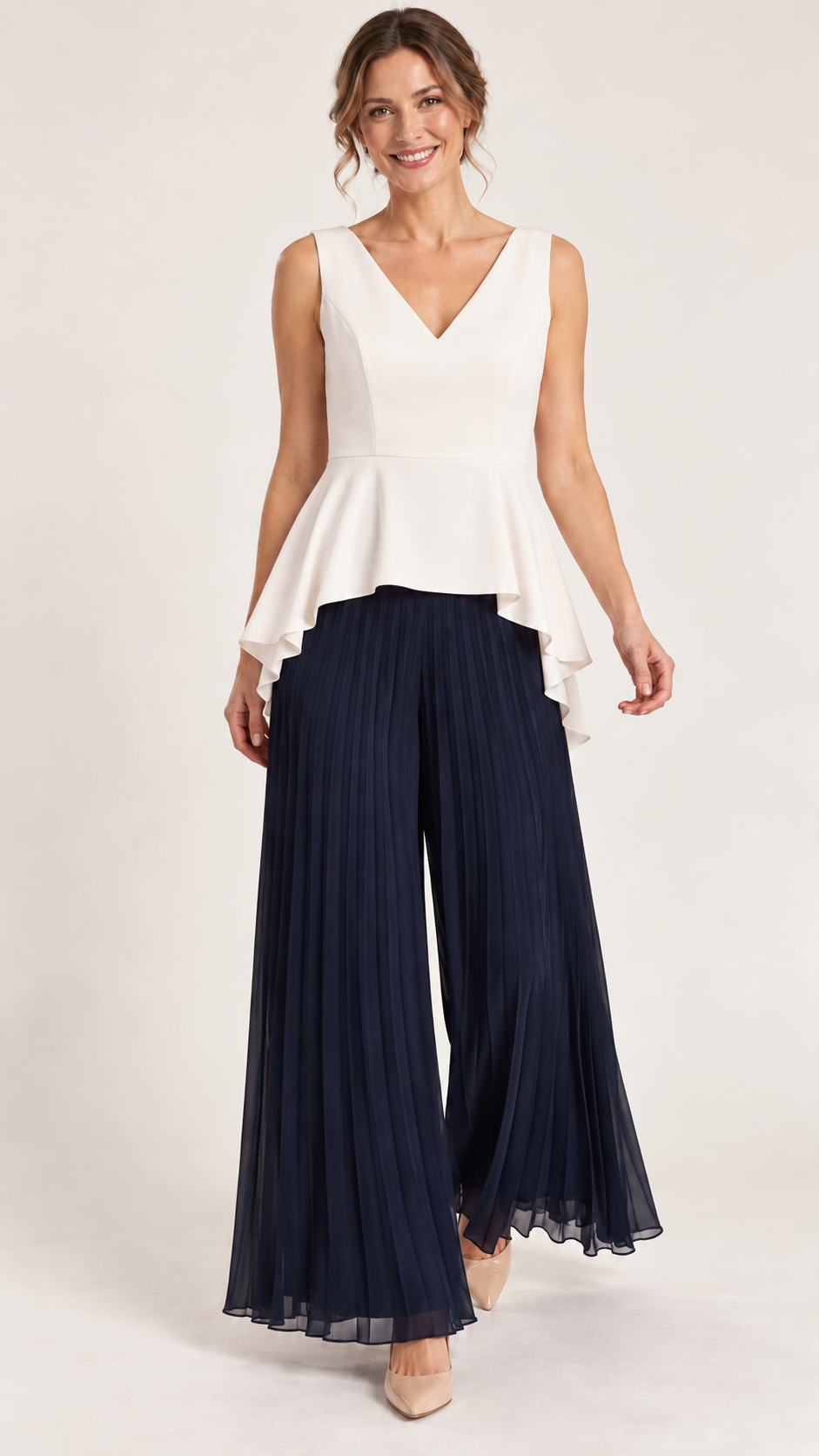 Veromia Ivory & Navy Pleated Jumpsuit
