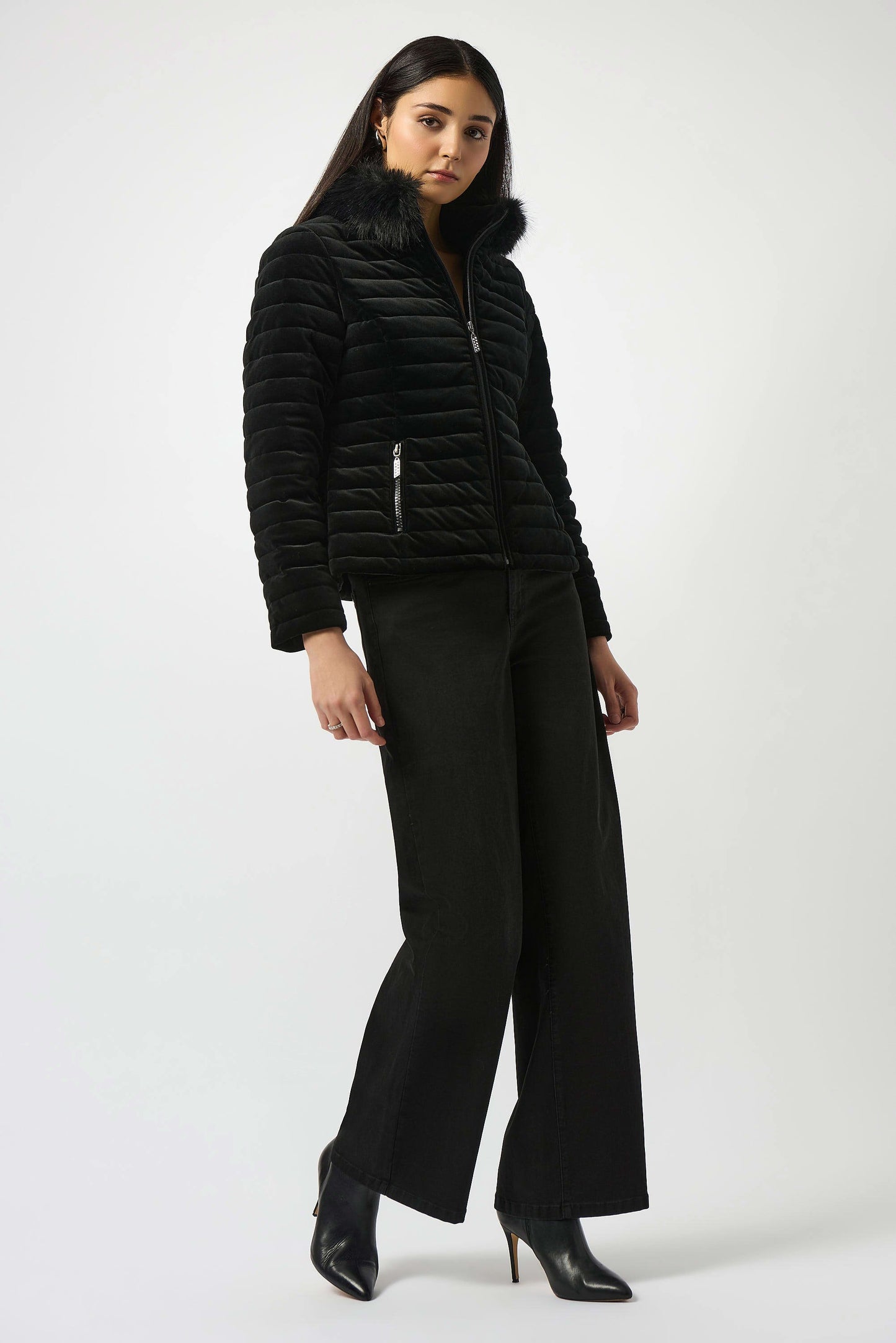 Stretch Velvet Puffer Jacket with Faux Fur Collar
253928