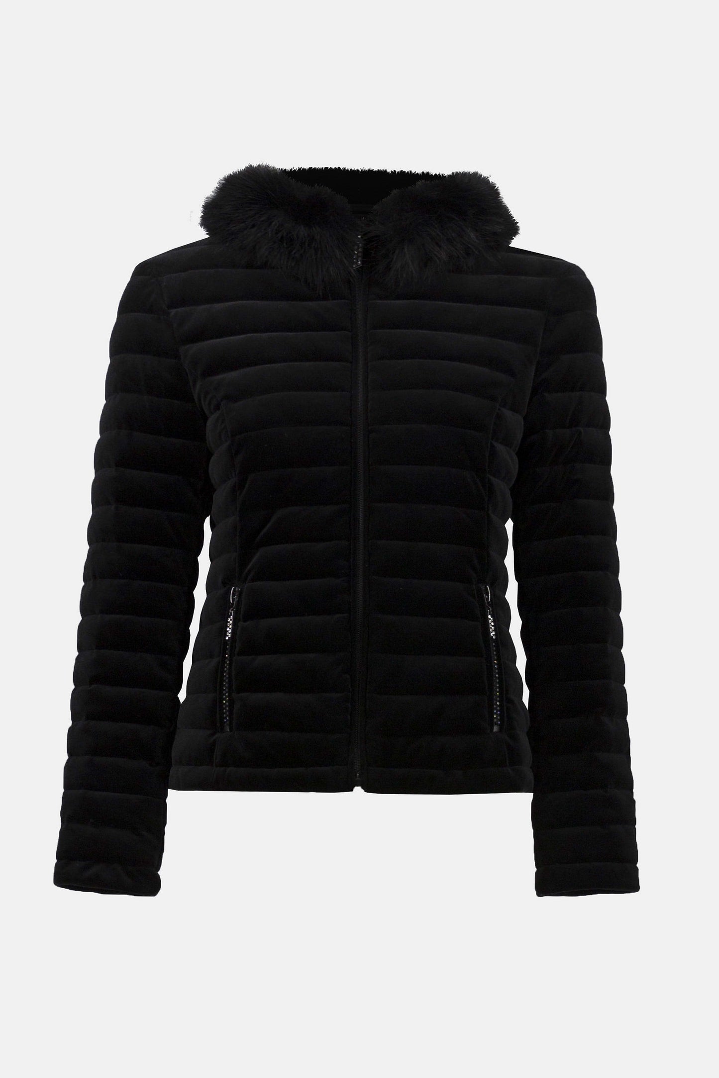 Stretch Velvet Puffer Jacket with Faux Fur Collar
253928