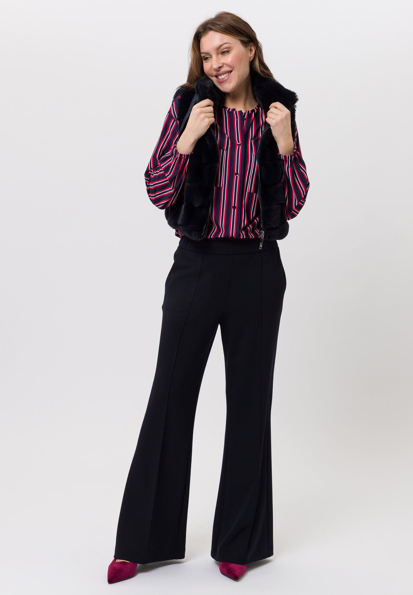 Tuzzi Navy, Red, and White Striped Patterned Blouse