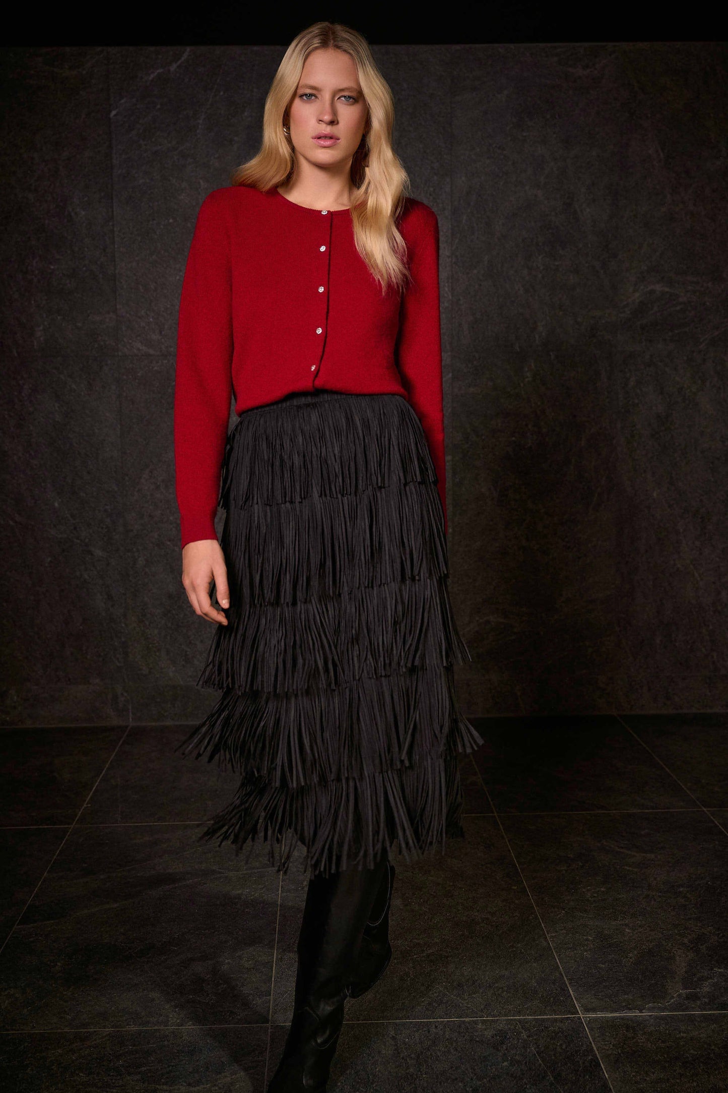 Pleated Pencil Skirt with Tiered Fringes
254901