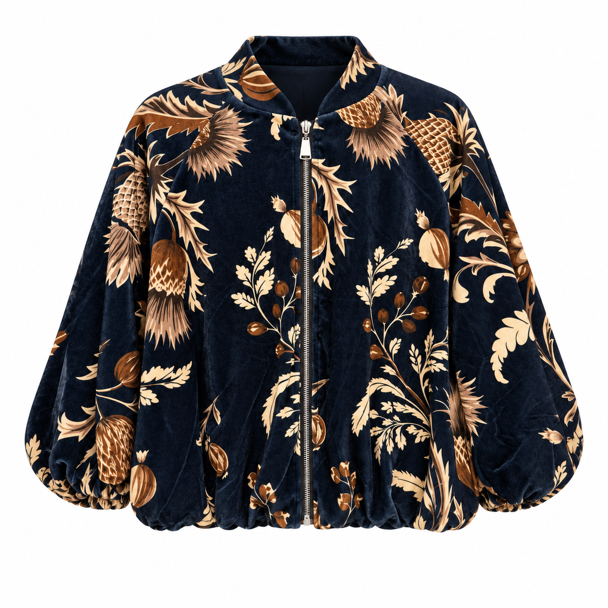 Navy Botanical Velvet Zip Jacket