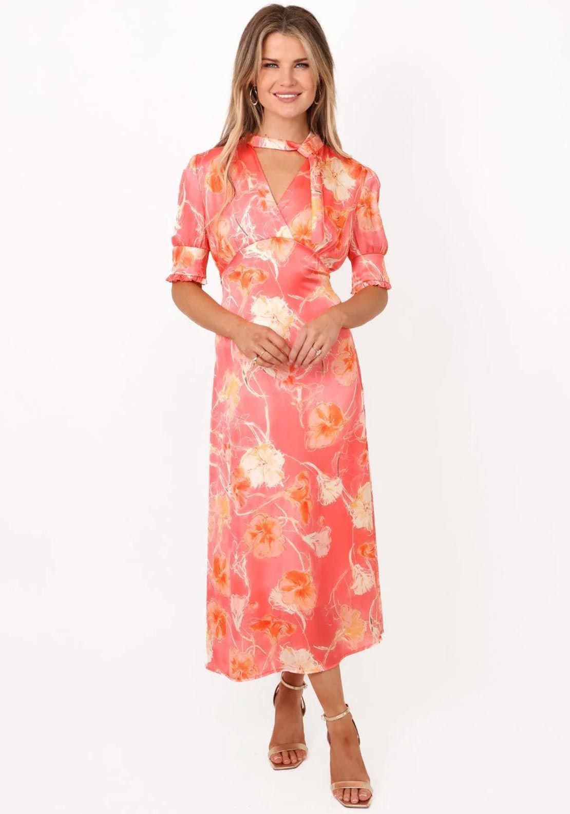 Kate & Pippa kimber coral blossom tie neck midi dress
