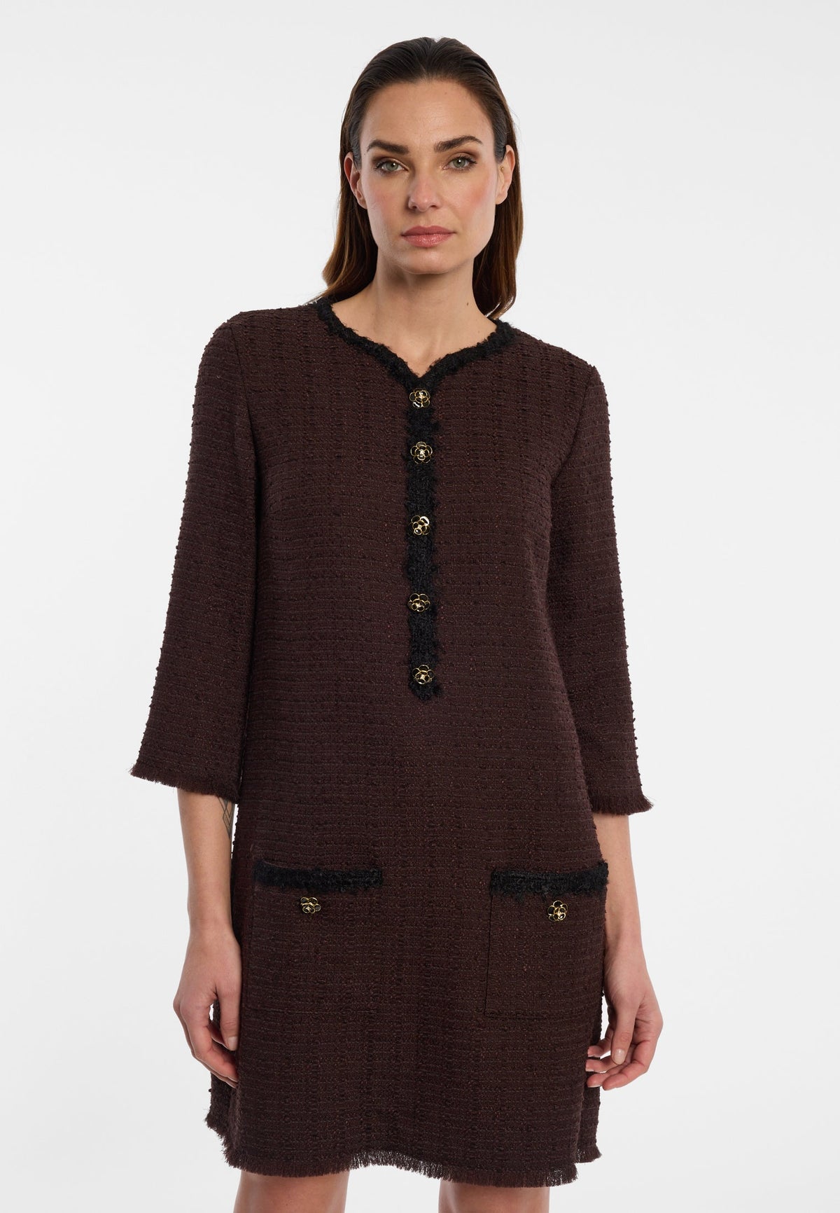 Ana Alcazar 042052 Bouclé dress with 3/4 sleeves and rhinestones