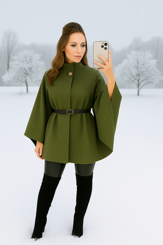 Khaki Belted Cape Coat – Free Size (Fits up to 16
