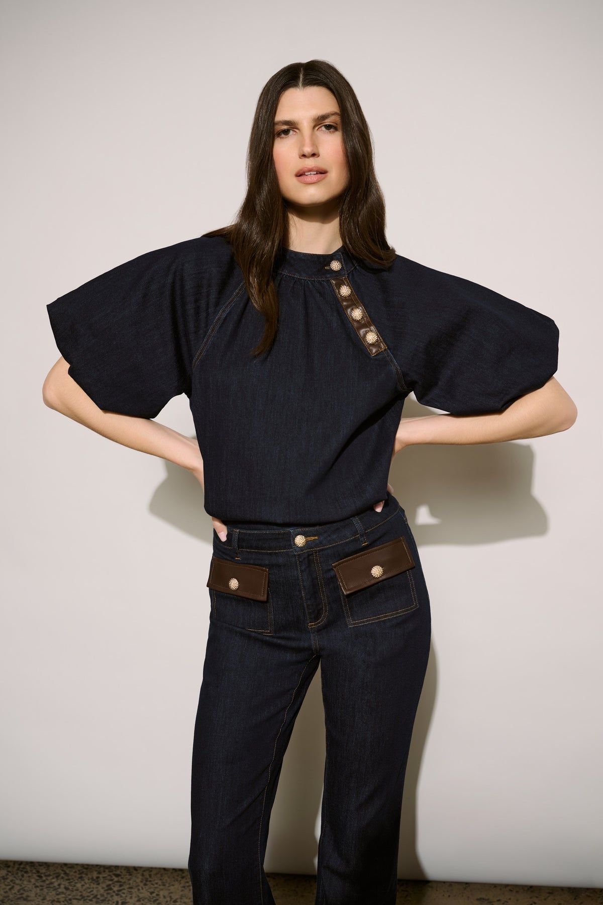 Featherweave Balloon-Sleeve Denim Top 264962
