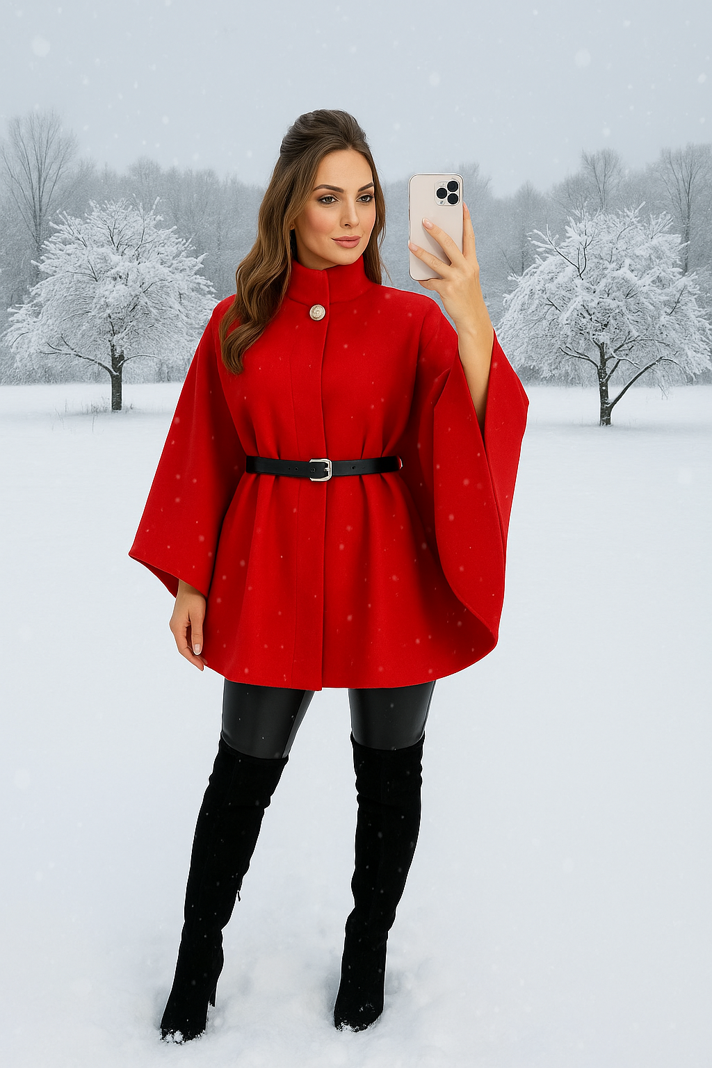 Elegant  red Wool Cape with Belt & Gold Button Detail