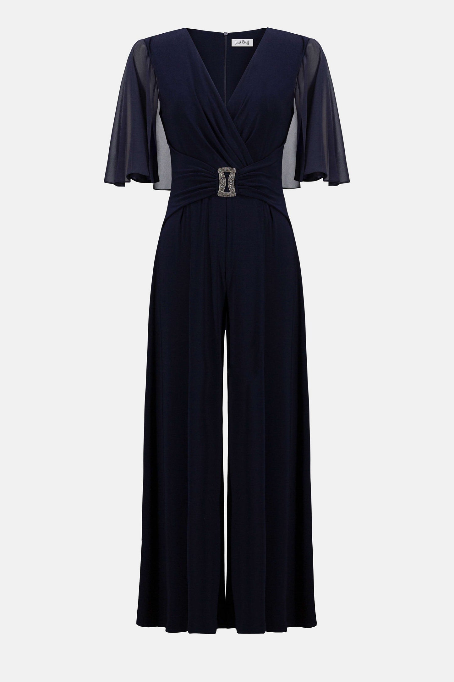 JOSEPH RIBKOFF 253723 Signature | Silky Knit & Chiffon Wide Leg Jumpsuit with Cape