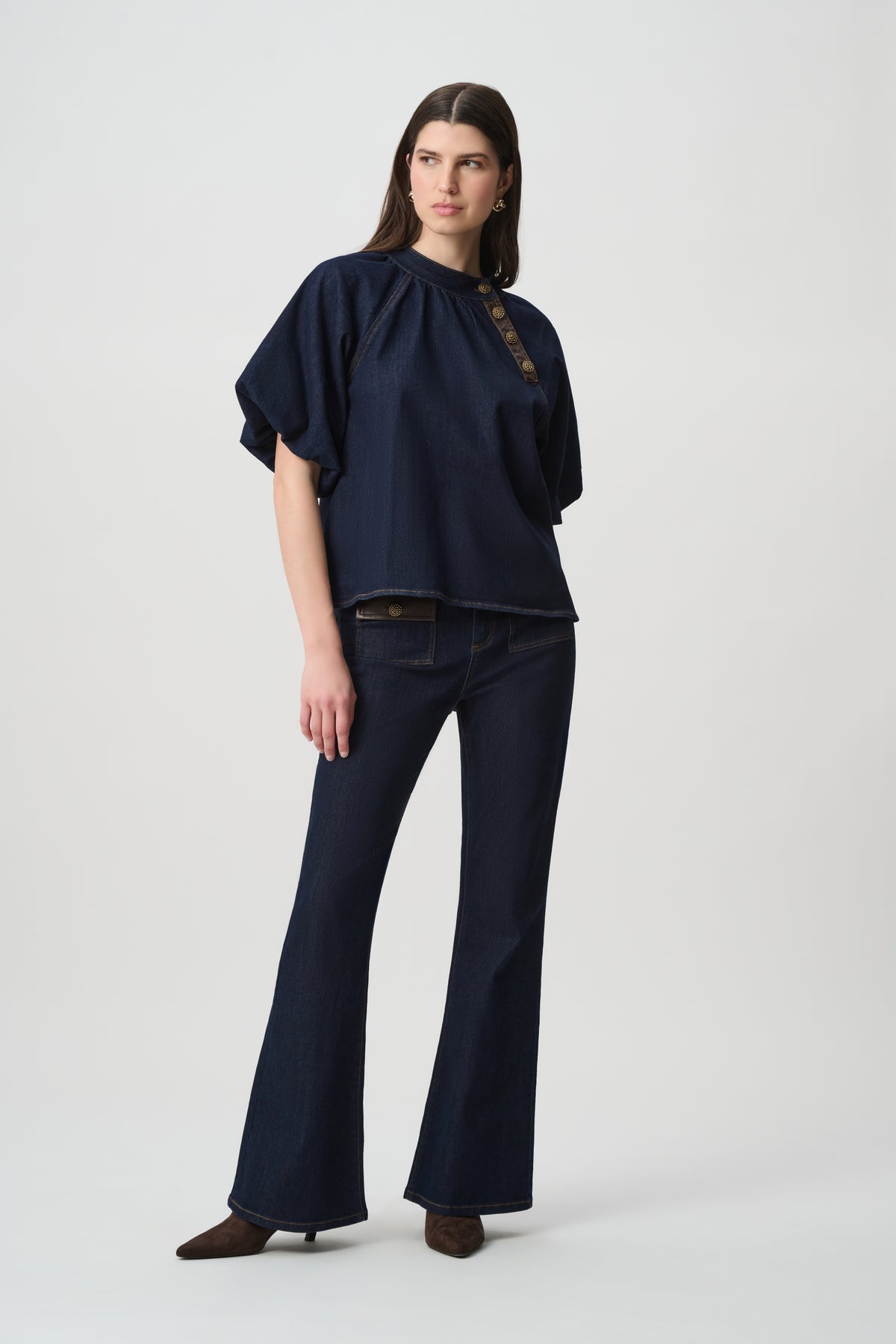 Featherweave Balloon-Sleeve Denim Top 264962
