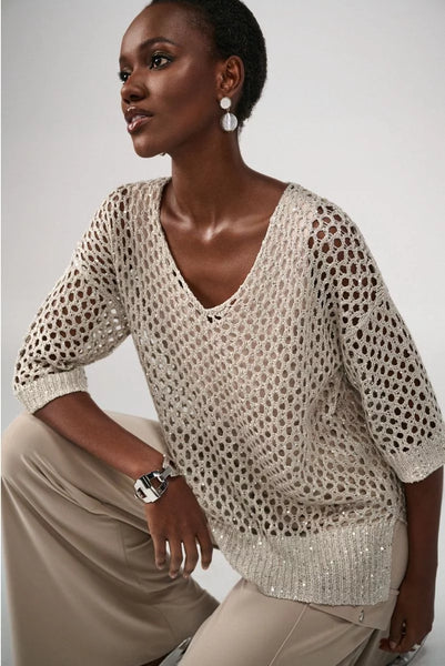 Champagne open knit sweater with sequins.joseph ribkoff 241922