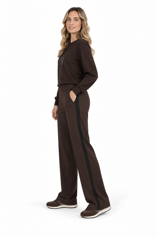 Zoso Chocolate Wide-Leg Track bottoms.