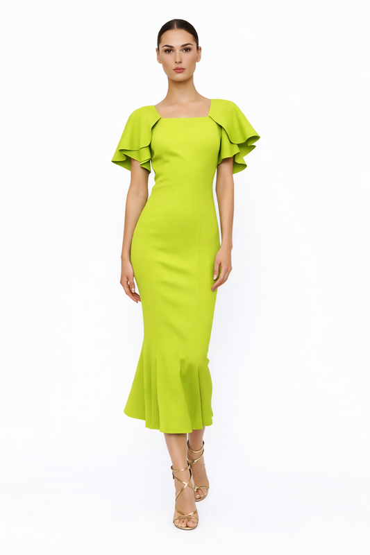 Moncho 💚 Lime Elegance Cape Sleeve Midi Dress