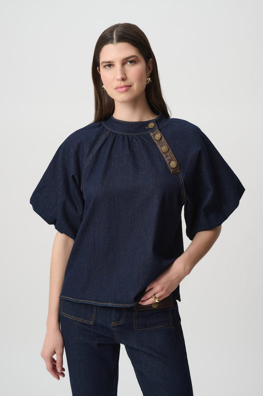 Featherweave Balloon-Sleeve Denim Top 264962