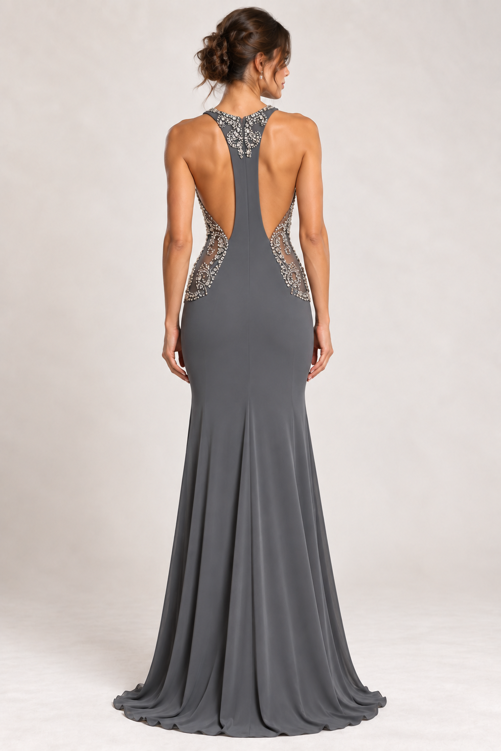 Slate Grey Embellished Halter Neck Evening Dress